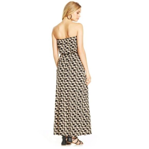 Size Medium NEW NAVY BLUE/TAN GEOMETRIC PRINT STRAPLESS BLOUSON MAXI DRESS - Picture 2 of 6
